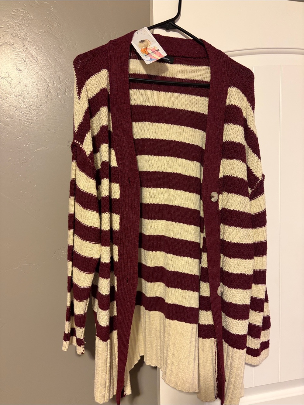 Striped Open-Front Cardigan - Cream & Burgundy